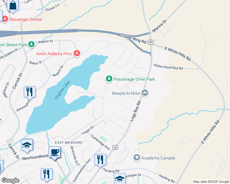 map of restaurants, bars, coffee shops, grocery stores, and more near 7 Stoneley Place in St. John's