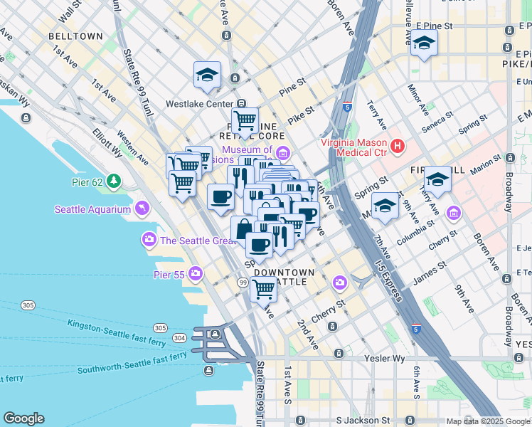 map of restaurants, bars, coffee shops, grocery stores, and more near in Seattle