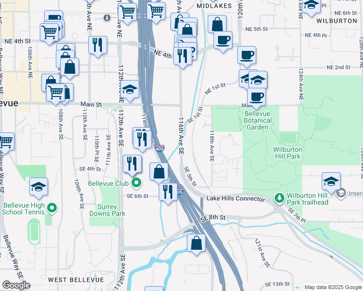 map of restaurants, bars, coffee shops, grocery stores, and more near 301 116th Avenue Southeast in Bellevue