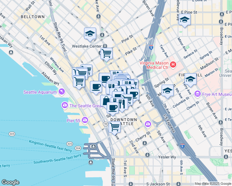 map of restaurants, bars, coffee shops, grocery stores, and more near in Seattle