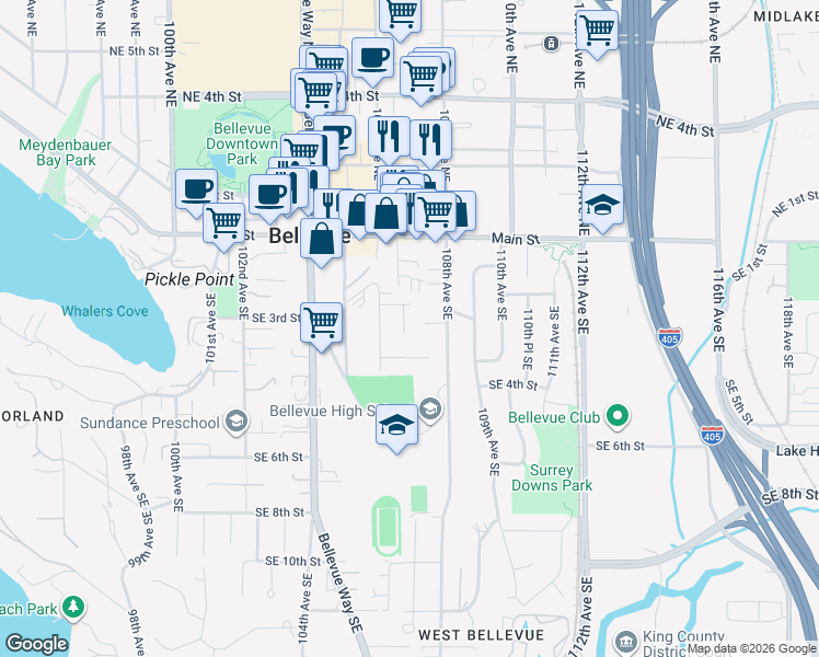 map of restaurants, bars, coffee shops, grocery stores, and more near 216 107th Place Southeast in Bellevue