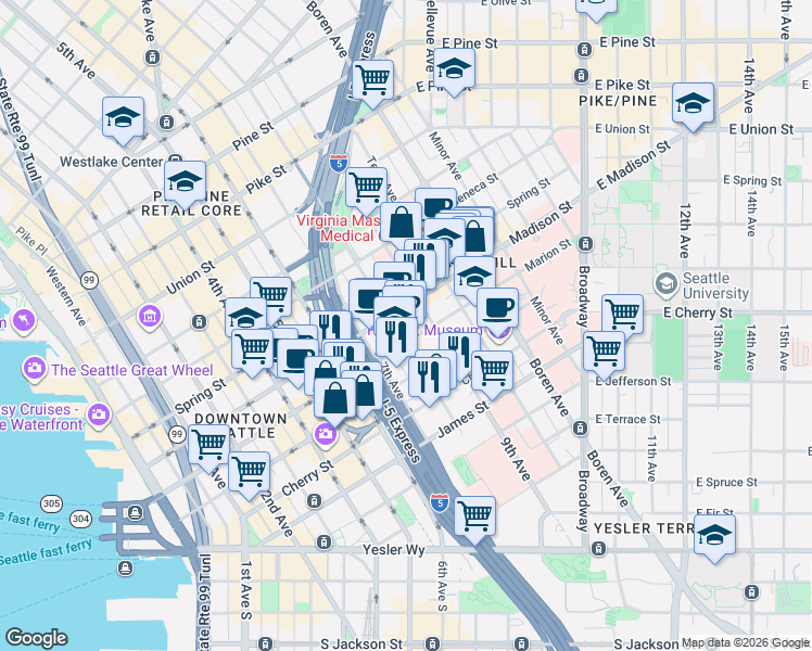 map of restaurants, bars, coffee shops, grocery stores, and more near 910 8th Avenue in Seattle