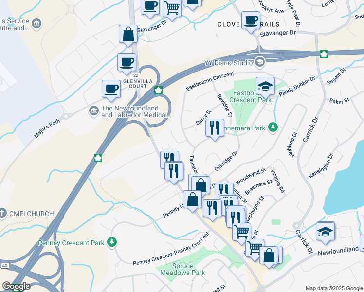 map of restaurants, bars, coffee shops, grocery stores, and more near 18 O'Mara Place in St. John's