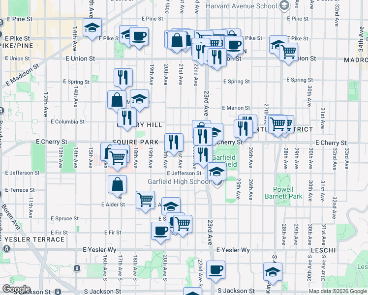 map of restaurants, bars, coffee shops, grocery stores, and more near 2133 East James Street in Seattle