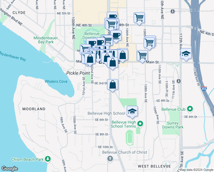 map of restaurants, bars, coffee shops, grocery stores, and more near 333 Bellevue Way Southeast in Bellevue