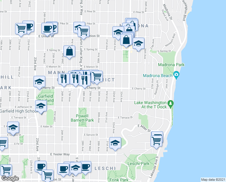 map of restaurants, bars, coffee shops, grocery stores, and more near 603 32nd Avenue in Seattle