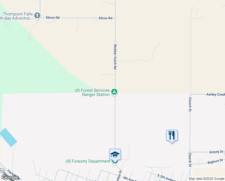 map of restaurants, bars, coffee shops, grocery stores, and more near 507-513 Webber Gulch Road in Thompson Falls
