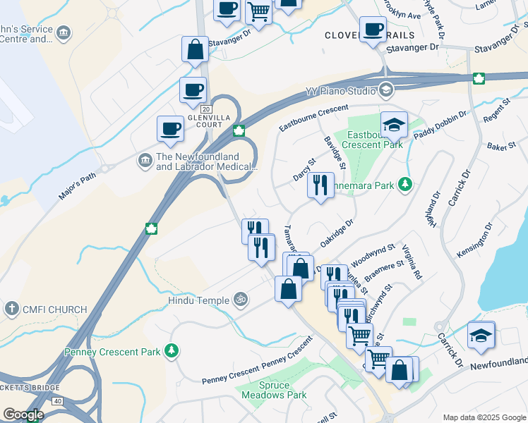 map of restaurants, bars, coffee shops, grocery stores, and more near 15 O'Mara Place in St. John's