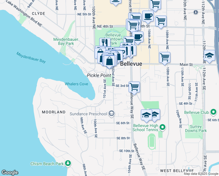map of restaurants, bars, coffee shops, grocery stores, and more near 260 101st Avenue Southeast in Bellevue