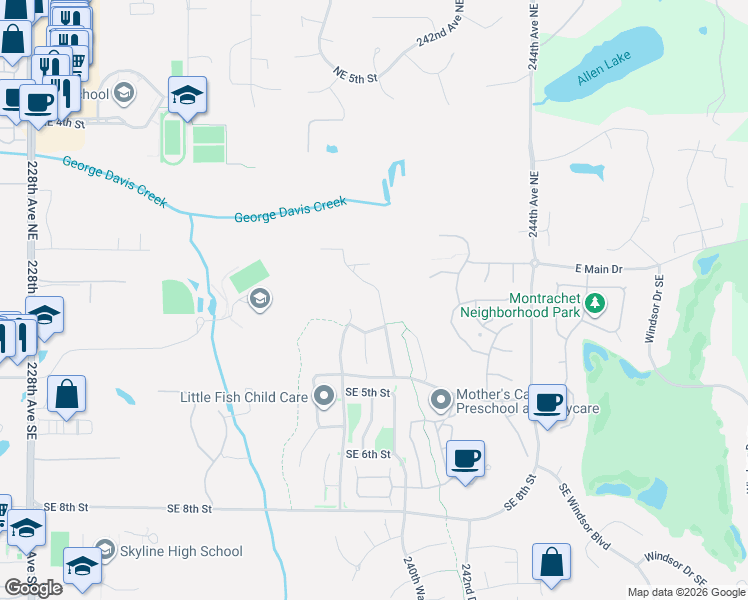map of restaurants, bars, coffee shops, grocery stores, and more near 209 239th Way Southeast in Sammamish