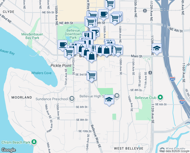 map of restaurants, bars, coffee shops, grocery stores, and more near 325 105th Avenue Southeast in Bellevue
