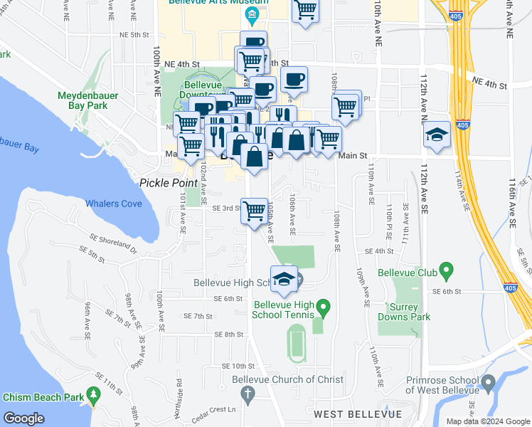 map of restaurants, bars, coffee shops, grocery stores, and more near 325 105th Avenue Southeast in Bellevue