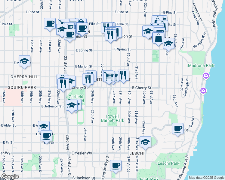 map of restaurants, bars, coffee shops, grocery stores, and more near in Seattle