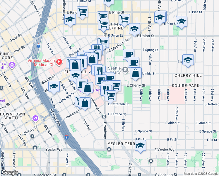 map of restaurants, bars, coffee shops, grocery stores, and more near 700 Broadway in Seattle