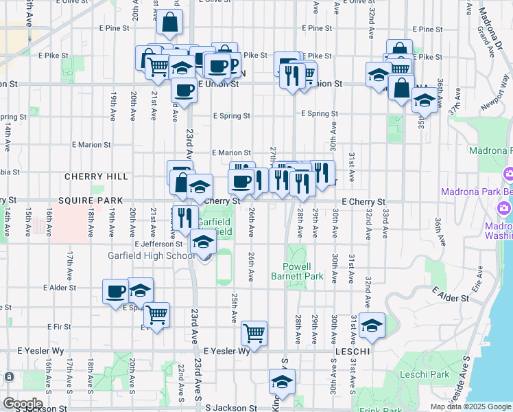 map of restaurants, bars, coffee shops, grocery stores, and more near 713 27th Avenue in Seattle