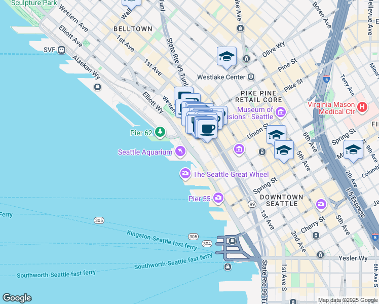 map of restaurants, bars, coffee shops, grocery stores, and more near Elliott Bay Trail in Seattle