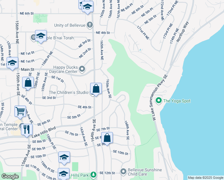 map of restaurants, bars, coffee shops, grocery stores, and more near 51 165th Avenue Southeast in Bellevue