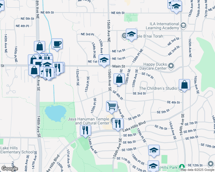 map of restaurants, bars, coffee shops, grocery stores, and more near 141 156th Avenue Southeast in Bellevue