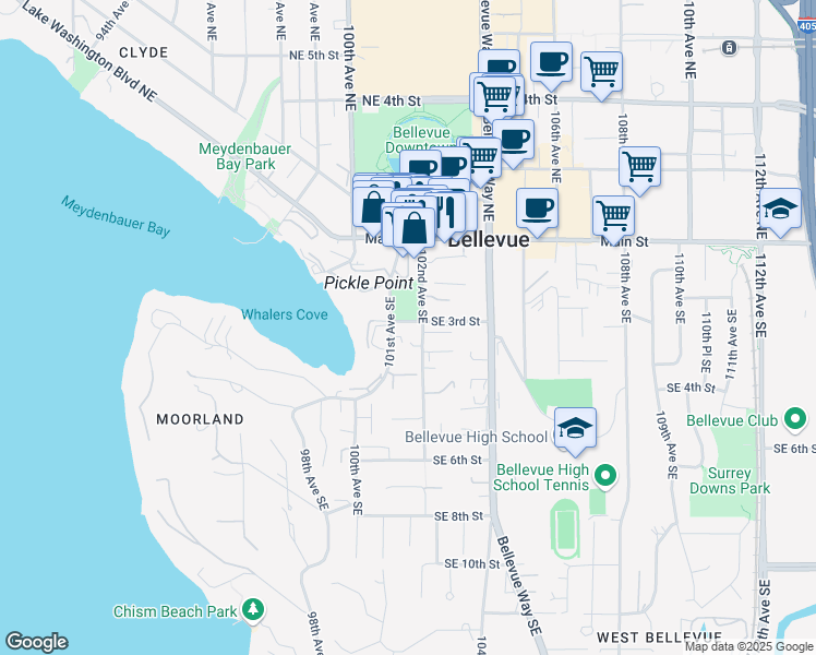 map of restaurants, bars, coffee shops, grocery stores, and more near 260 101st Avenue Southeast in Bellevue