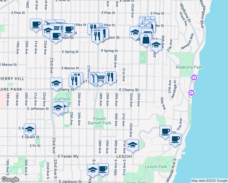 map of restaurants, bars, coffee shops, grocery stores, and more near 750 30th Avenue in Seattle