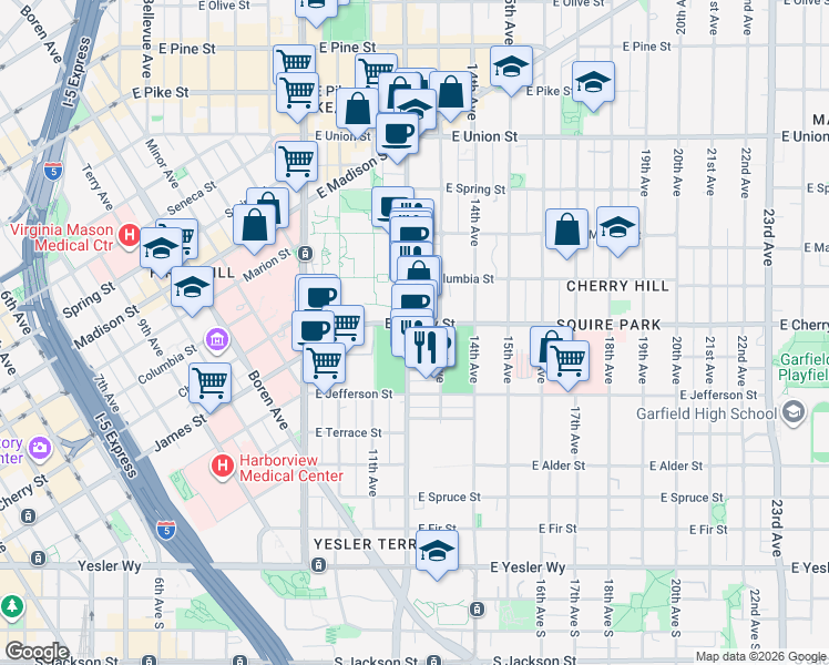 map of restaurants, bars, coffee shops, grocery stores, and more near 715 13th Avenue in Seattle