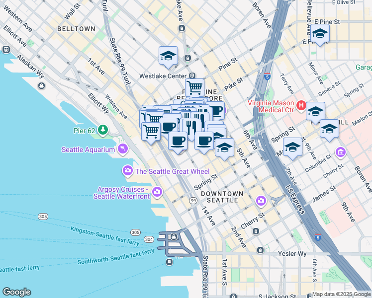 map of restaurants, bars, coffee shops, grocery stores, and more near in Seattle
