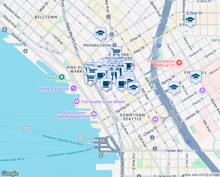 map of restaurants, bars, coffee shops, grocery stores, and more near in Seattle