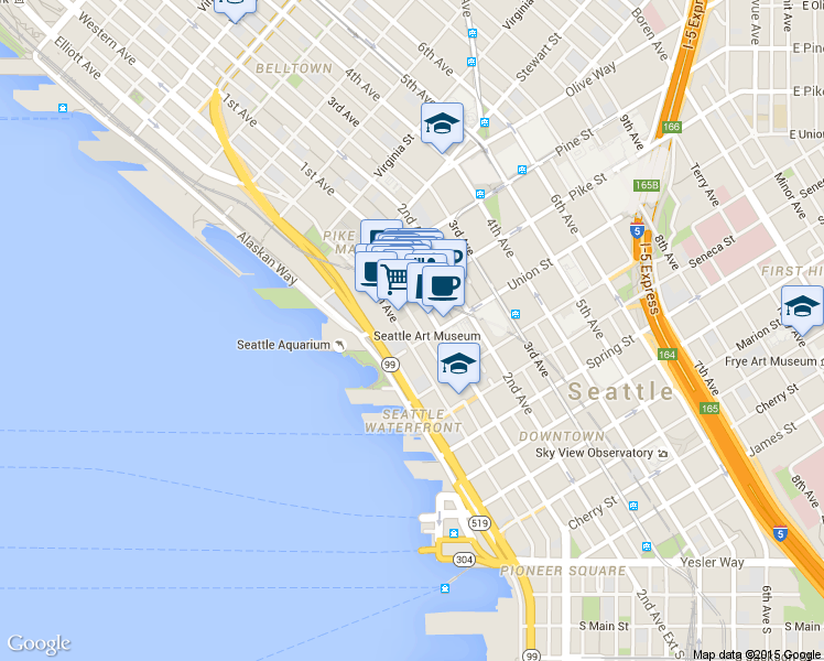 map of restaurants, bars, coffee shops, grocery stores, and more near in Seattle