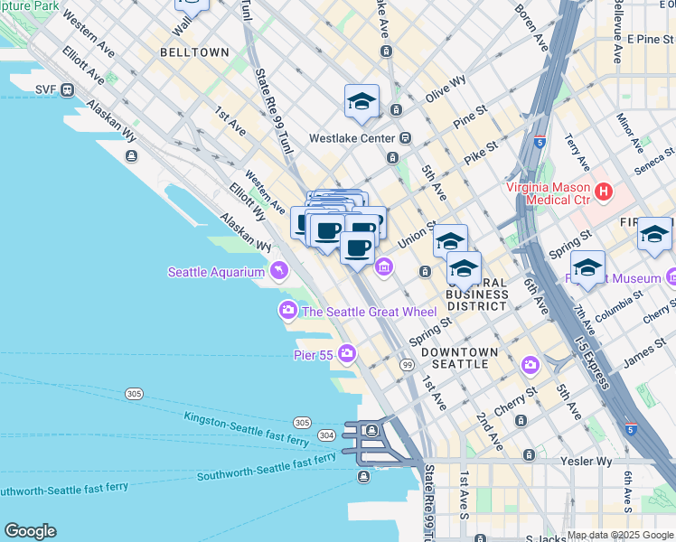 map of restaurants, bars, coffee shops, grocery stores, and more near 94 Pike Street in Seattle