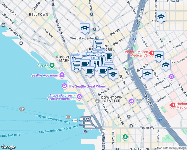 map of restaurants, bars, coffee shops, grocery stores, and more near 200 University Street in Seattle