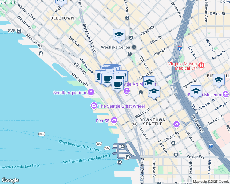 map of restaurants, bars, coffee shops, grocery stores, and more near 105 1/2 Pike Street in Seattle