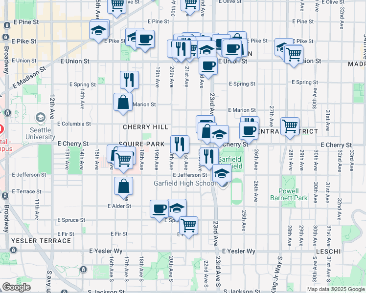 map of restaurants, bars, coffee shops, grocery stores, and more near 621 21st Avenue in Seattle