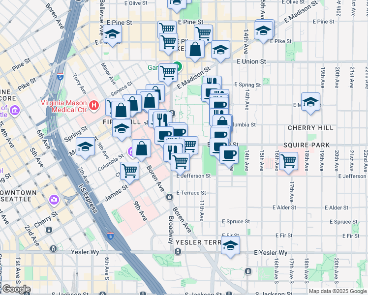 map of restaurants, bars, coffee shops, grocery stores, and more near 1021e Cherry Street in Seattle