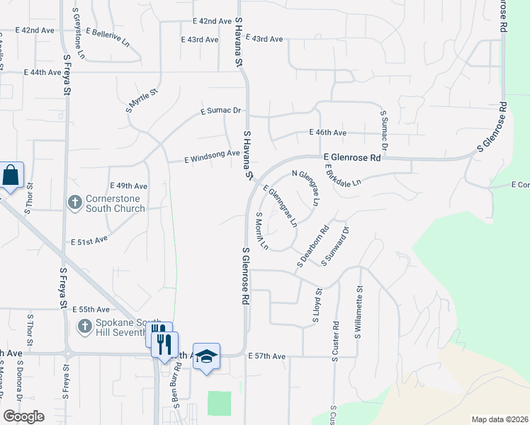 map of restaurants, bars, coffee shops, grocery stores, and more near 5003 South Morrill Lane in Spokane