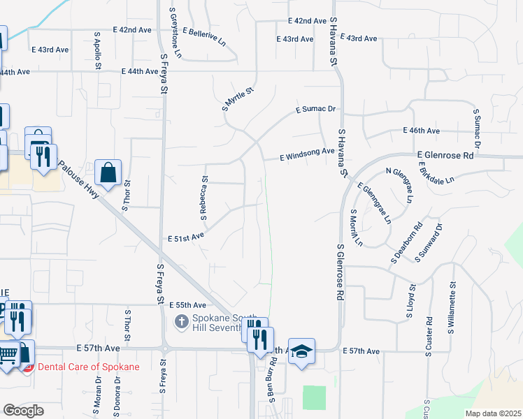 map of restaurants, bars, coffee shops, grocery stores, and more near 4924 South Myrtle Lane in Spokane