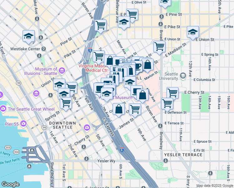 map of restaurants, bars, coffee shops, grocery stores, and more near 921 Terry Avenue in Seattle