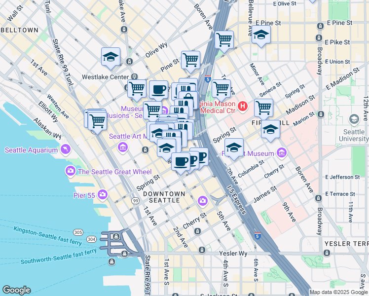 map of restaurants, bars, coffee shops, grocery stores, and more near 1215 5th Avenue in Seattle