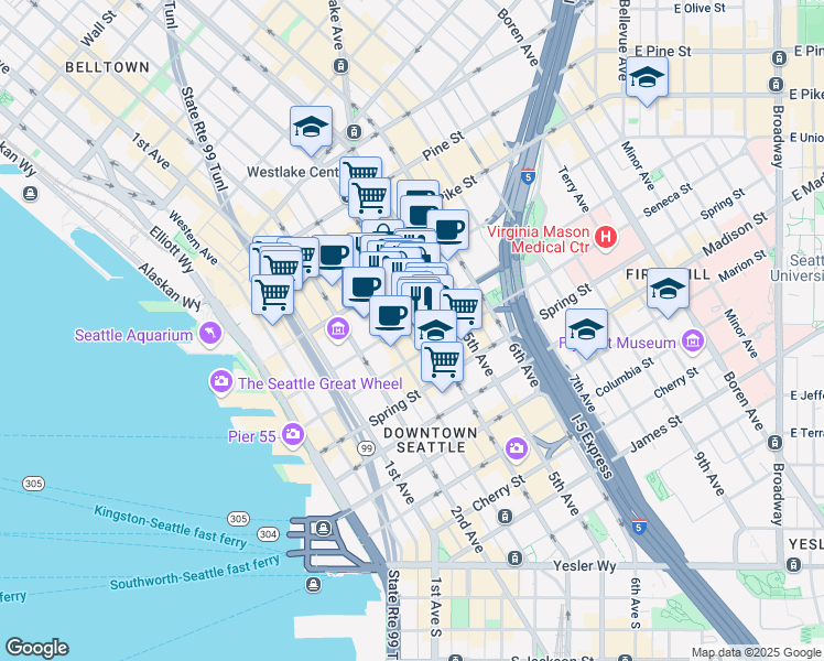map of restaurants, bars, coffee shops, grocery stores, and more near 1316 4th Avenue in Seattle