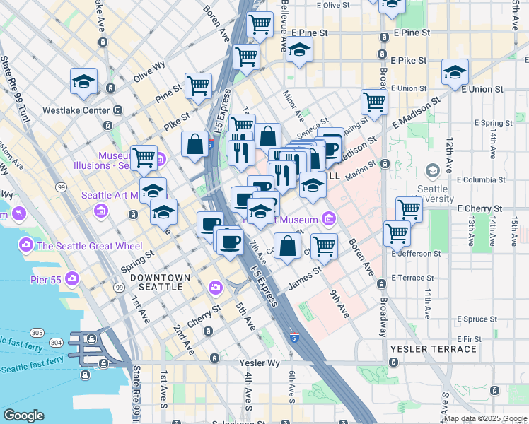 map of restaurants, bars, coffee shops, grocery stores, and more near 801 Spring Street in Seattle