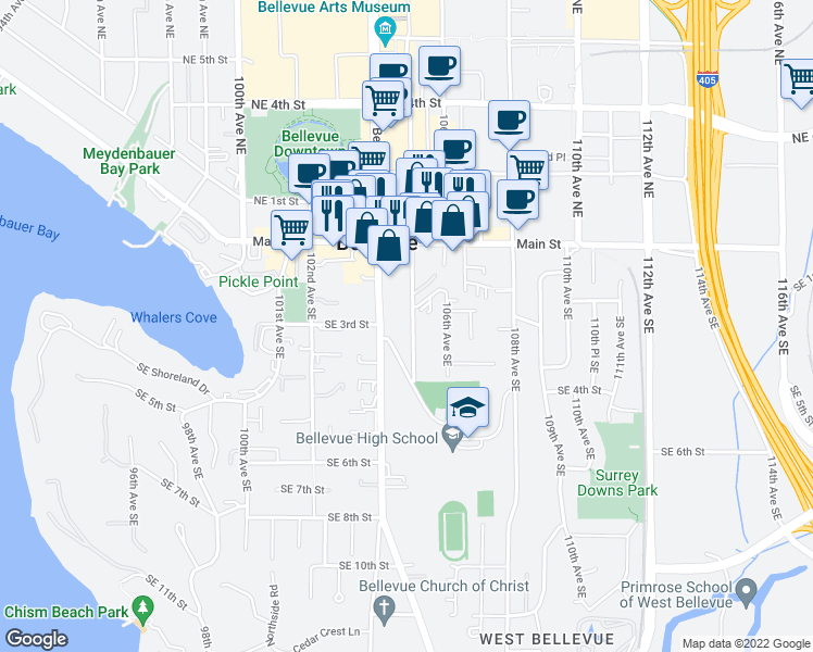 map of restaurants, bars, coffee shops, grocery stores, and more near 231 105th Avenue Southeast in Bellevue