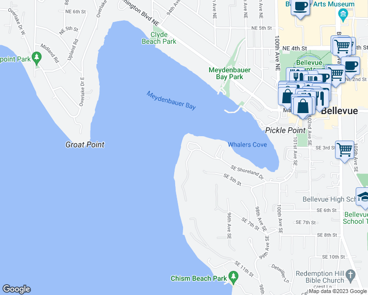 map of restaurants, bars, coffee shops, grocery stores, and more near 9205 Southeast Shoreland Drive in Bellevue