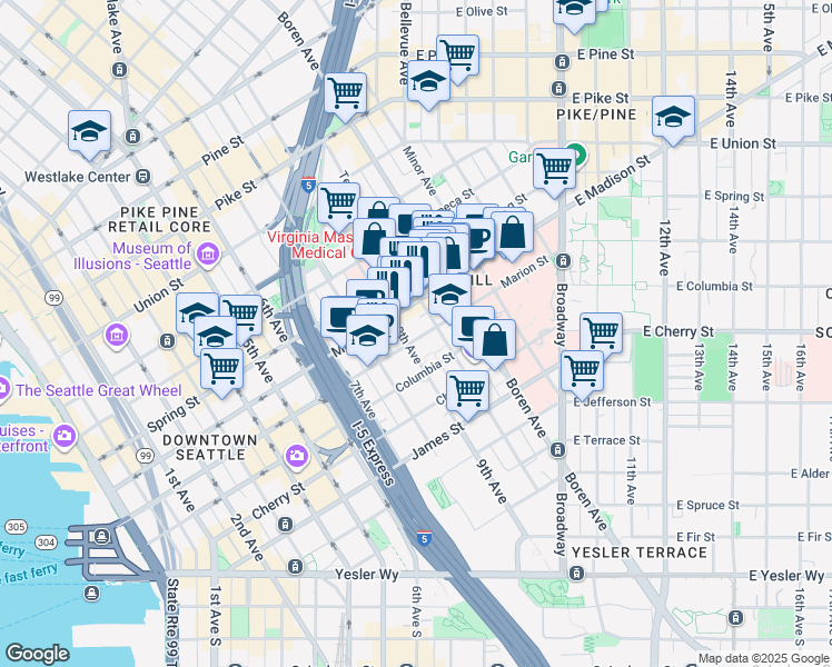 map of restaurants, bars, coffee shops, grocery stores, and more near 921 Terry Avenue in Seattle