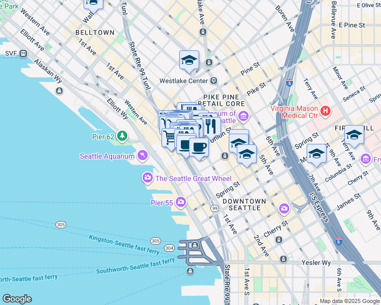 map of restaurants, bars, coffee shops, grocery stores, and more near 1301 2nd Avenue in Seattle