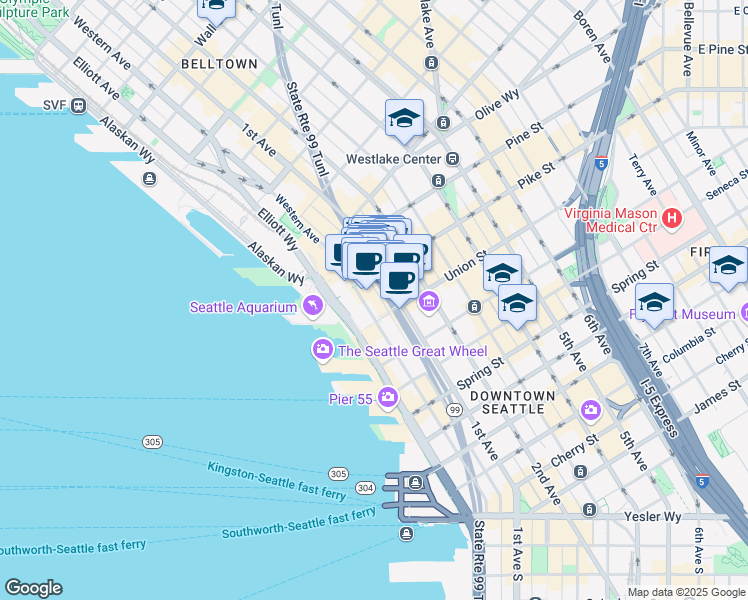 map of restaurants, bars, coffee shops, grocery stores, and more near 1515 1st Avenue in Seattle