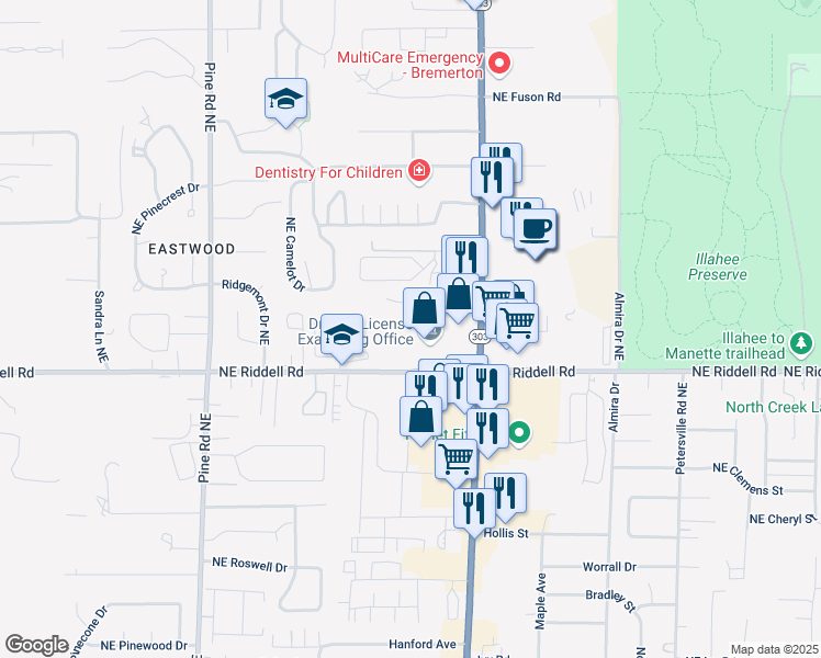 map of restaurants, bars, coffee shops, grocery stores, and more near 1563 Northeast Roseway Lane in Bremerton
