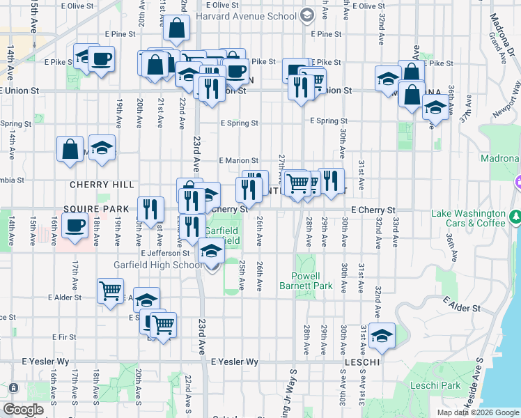 map of restaurants, bars, coffee shops, grocery stores, and more near E Cherry St & 26th Ave in Seattle