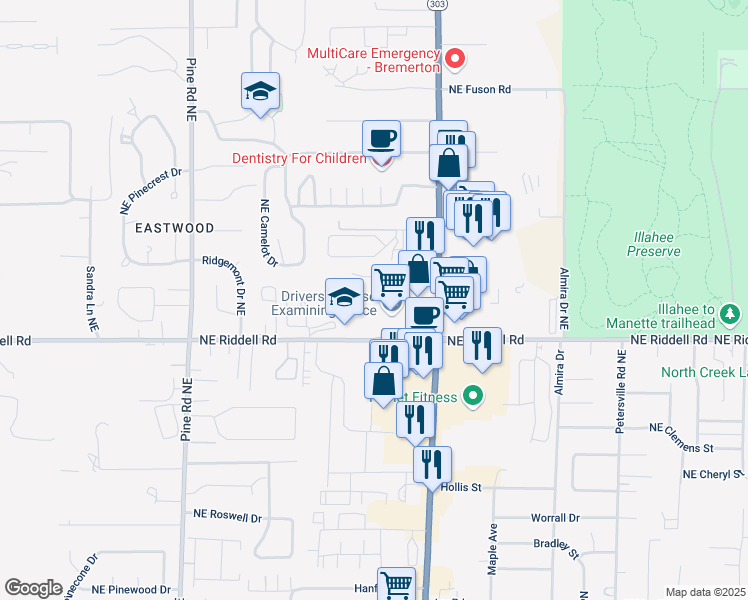 map of restaurants, bars, coffee shops, grocery stores, and more near 1563 Northeast Roseway Lane in Bremerton