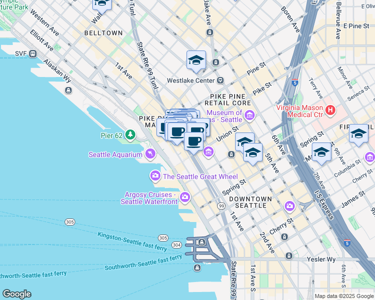 map of restaurants, bars, coffee shops, grocery stores, and more near 105 1/2 Pike Street in Seattle