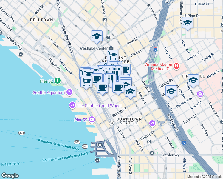 map of restaurants, bars, coffee shops, grocery stores, and more near 200 University Street in Seattle
