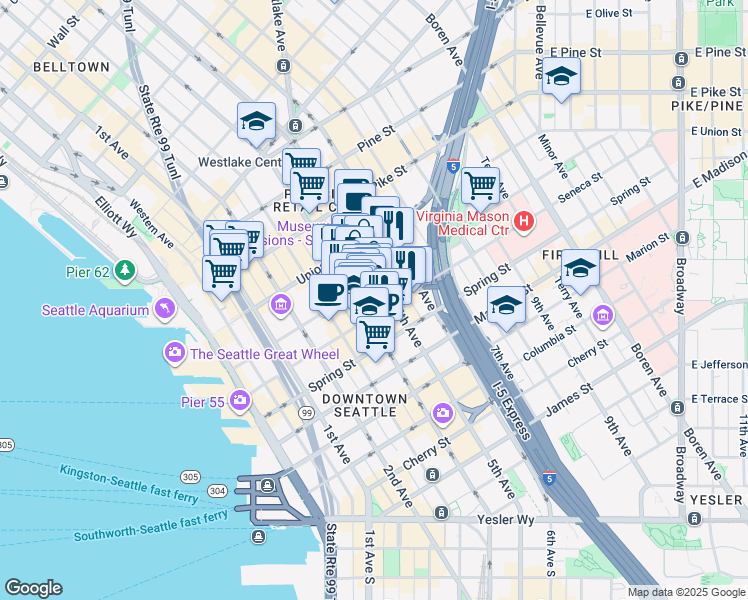 map of restaurants, bars, coffee shops, grocery stores, and more near 417 University Street in Seattle